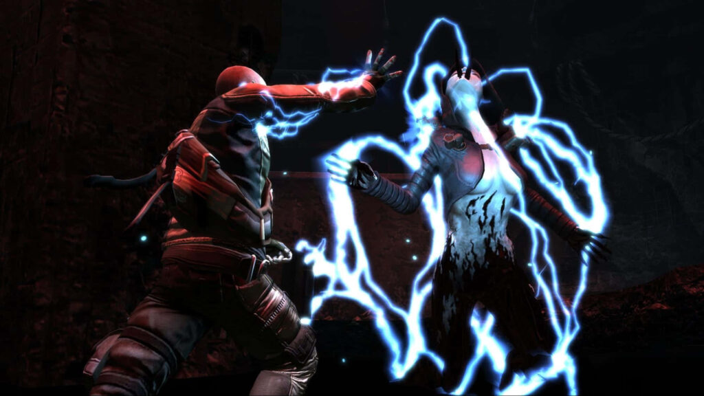 Electrifying Infamous Game Wallpaper: Red-Clad Hero in Action