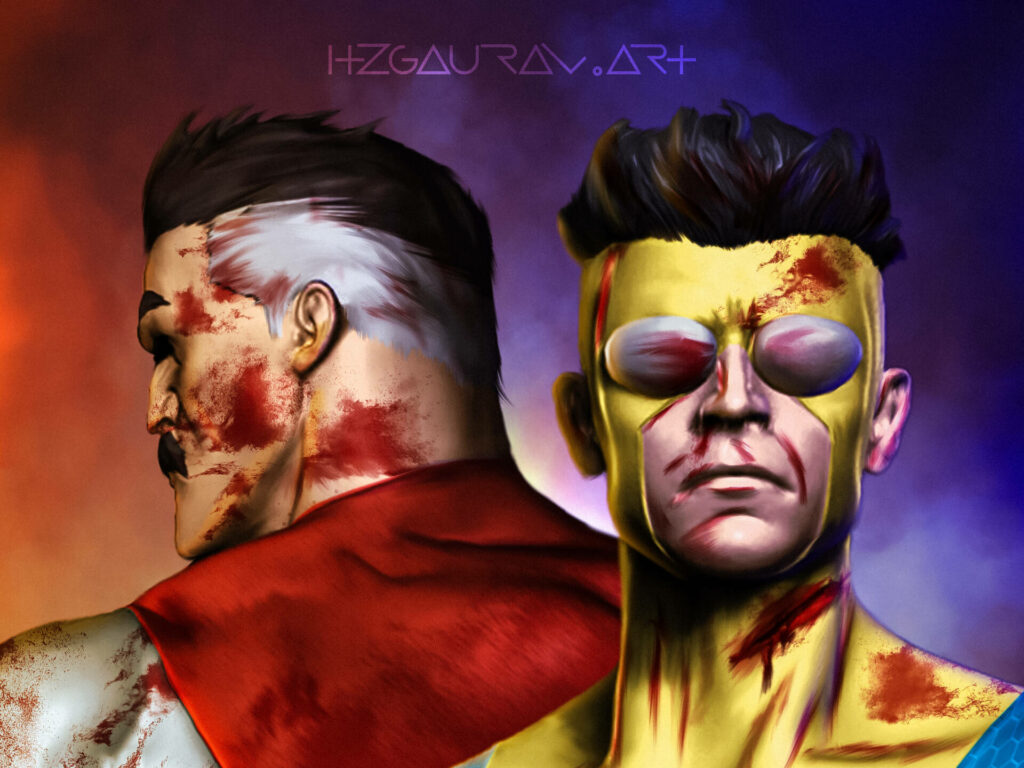 Intense Invincible Characters Wallpaper: Bold Red & Blue Artwork