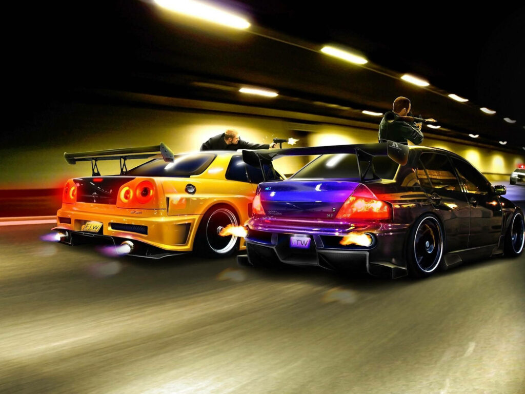 Men with guns in high-performance JDM cars racing through bright tunnel intense street race Wallpaper