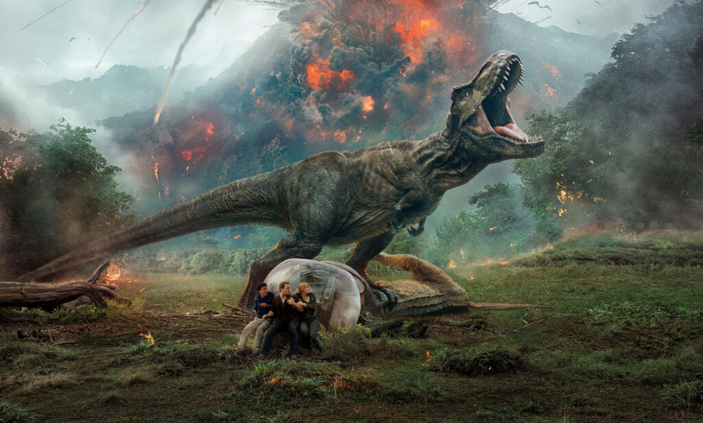 Epic Jurassic Park T-Rex HD Wallpaper with Volcano Chaos