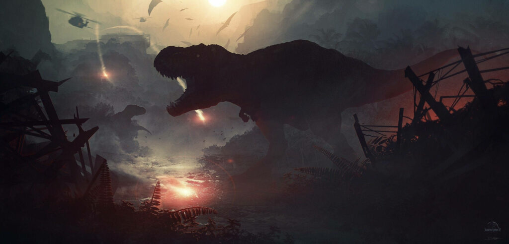 Intense Jurassic Park Wallpaper: Roaring T-Rex in Fiery Jungle