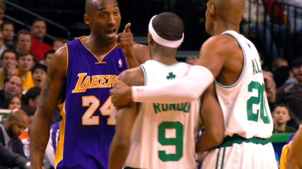 Lakers intense argument Kobe Bryant confronts Rajon Rondo Ray Allen intervenes vibrant NBA wallpaper