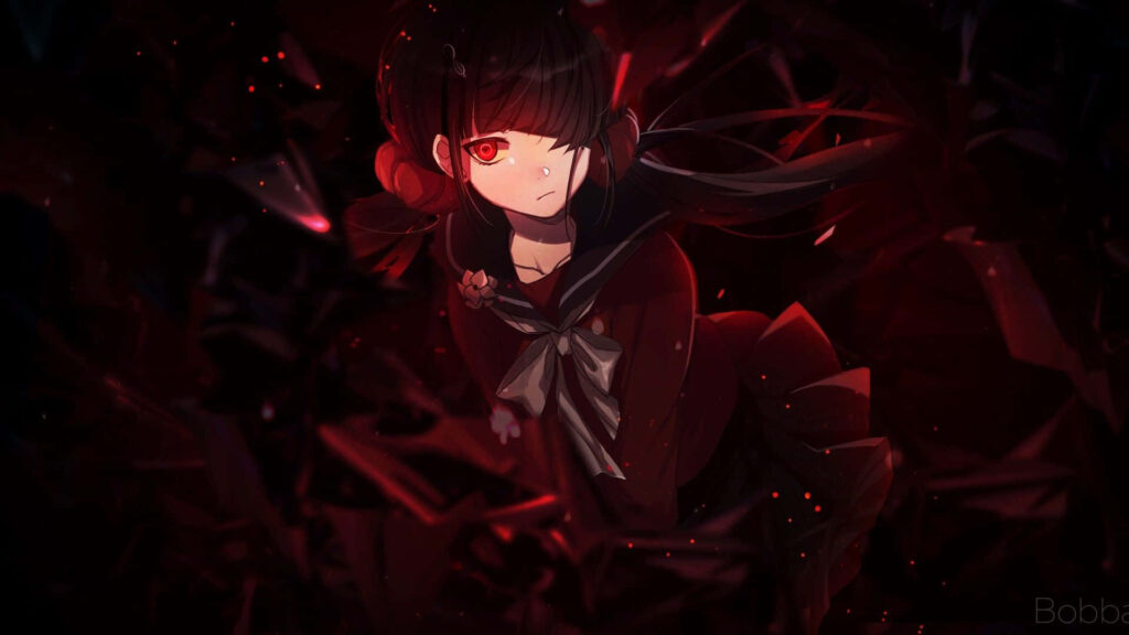 Dramatic Maki Harukawa Wallpaper: Intense Red & Dark Profile Pic