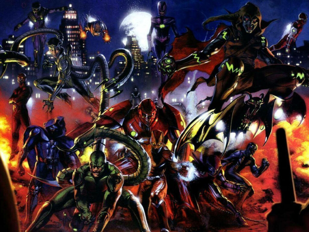 Epic Marvel Villains Wallpaper: Intense Nighttime Cityscape Design