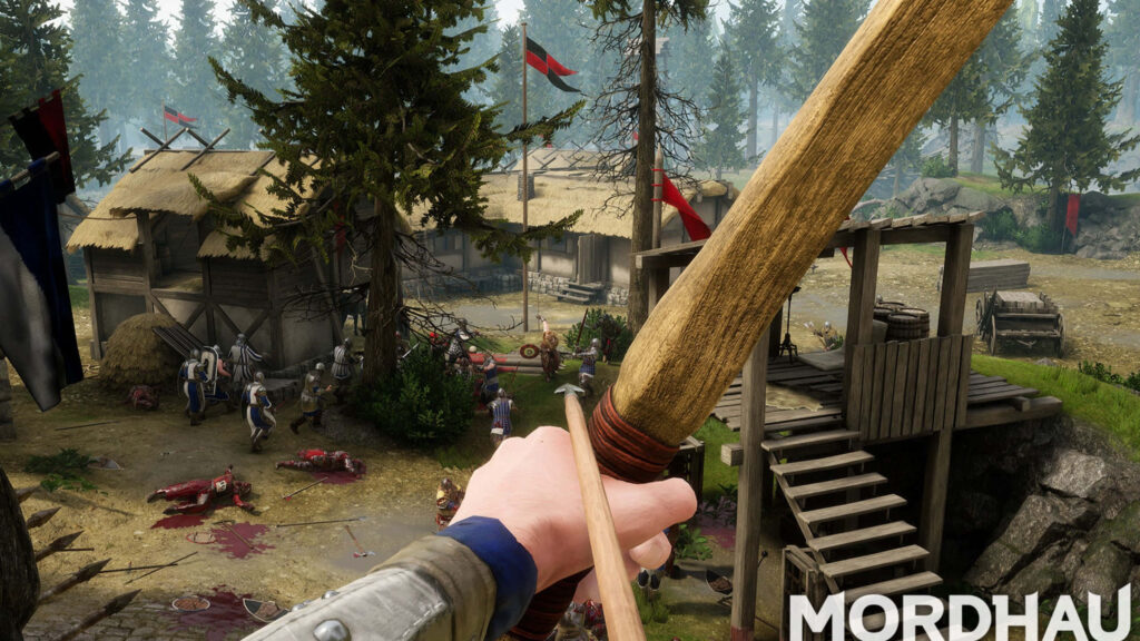 Intense Mordhau Wallpaper: First-Person Sword Battle in Medieval Forest