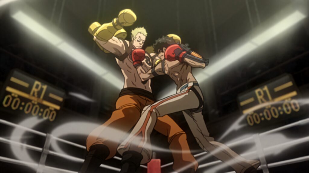 Dynamic Megalo Box Wallpaper: Intense Boxing Match in Dramatic Lighting