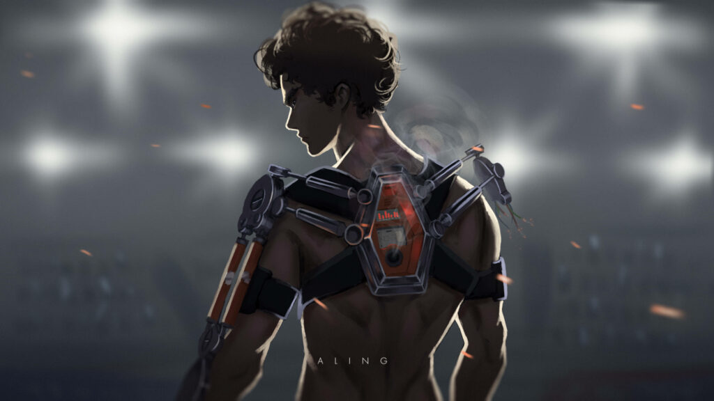 Futuristic Megalo Box Wallpaper: Intense Character in High-Tech Gear