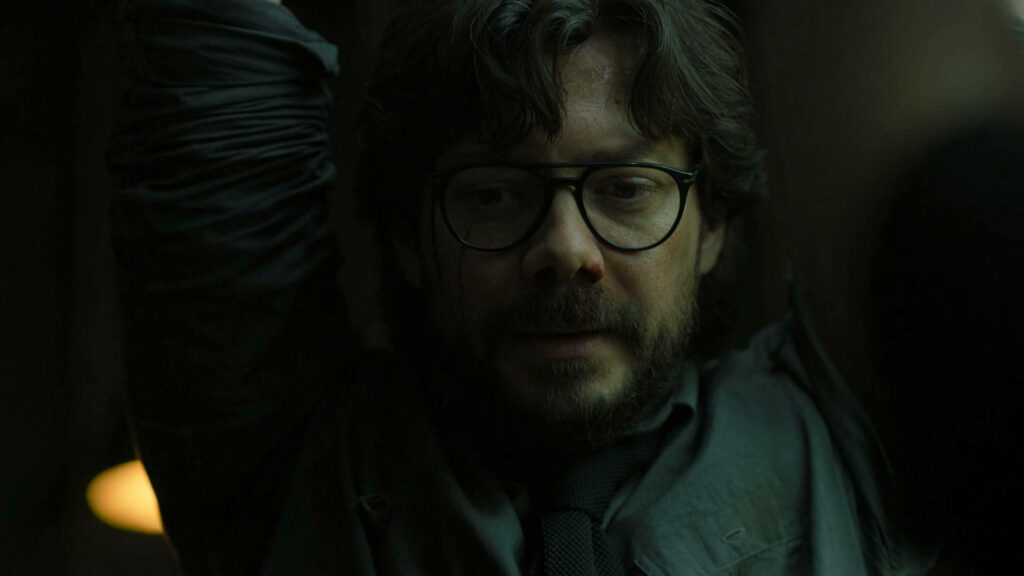Professor's Desperate Stand: A Tense Moment in the Money Heist Wallpaper