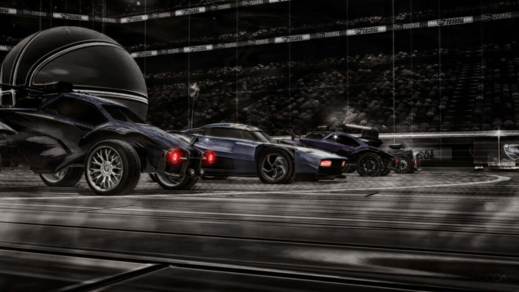 Intense Clash on the Midnight Arena: Epic Battle Cars in Rocket League Wallpaper