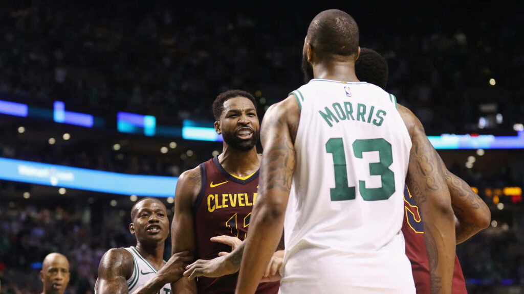 Marcus Morris yelling at Tristan Thompson intense NBA Eastern Conference game Celtics Cavaliers wallpaper