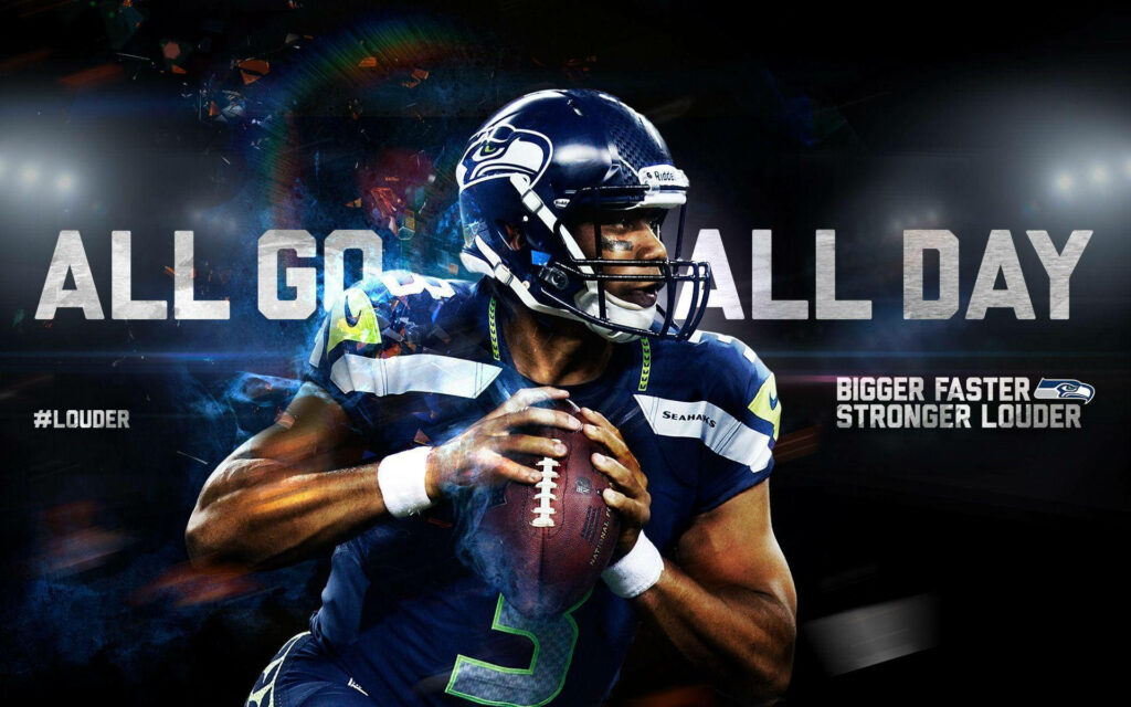 The Dynamic Russell Wilson: Mastering the Field in Seattle Seahawks' Epic NFL Artwork Wallpaper