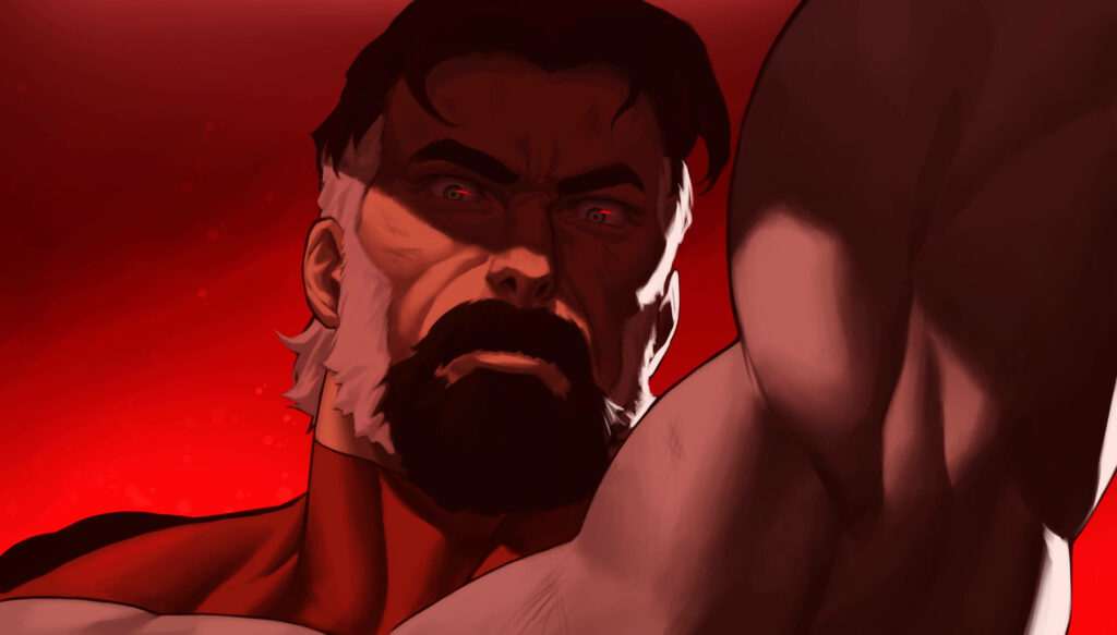 Intense Omni-Man Wallpaper: Bearded Hero with Commanding Presence