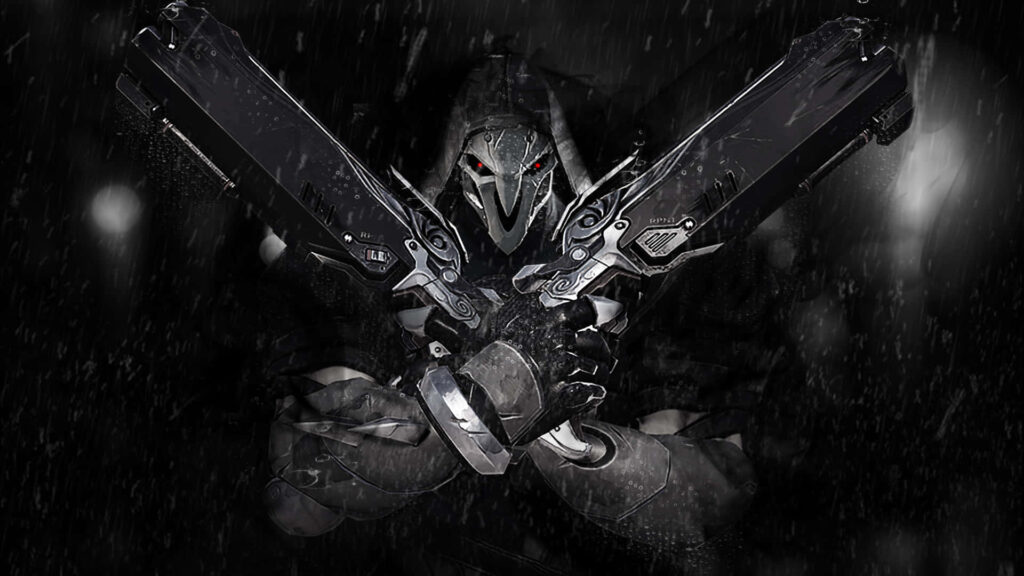 Dark Overwatch Figure with Guns: Intense Rainy Wallpaper