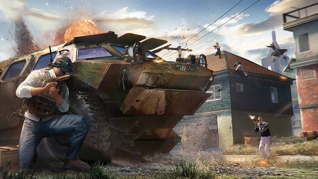 PUBG urban battle scene soldier behind BRDM2 armored vehicle explosion intense combat wallpaper