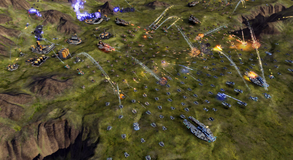 Futuristic warfare wallpaper from Ashes of the Singularity: Escalation featuring intense unit clashes and explosions on battle-scarred landscape