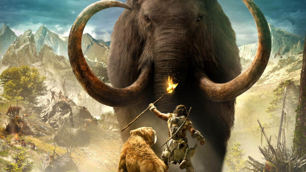 Prehistoric Clash: Man vs. Mammoth - Dynamic Adventure Wallpaper