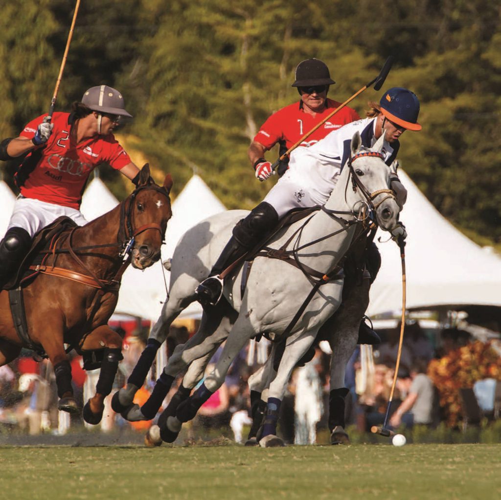 Intense professional polo match with galloping horses and players on sunlit field and tents Wallpaper