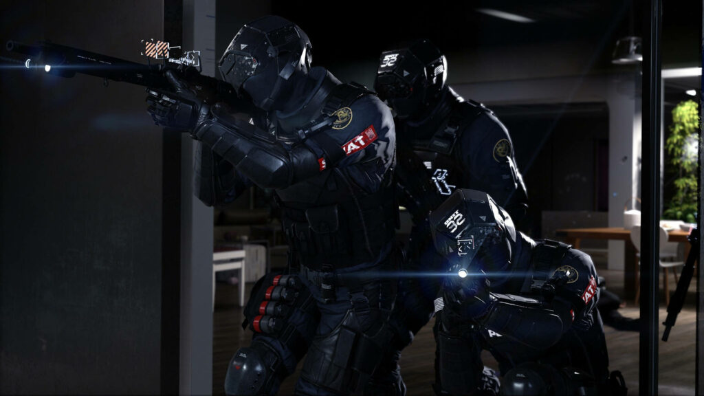 Intense Crime Scene Standoff: Police SWAT Team Ready to Take Action! Wallpaper