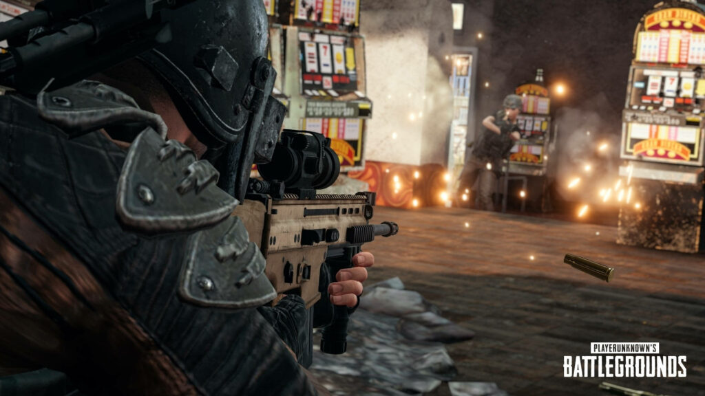 PUBG firefight scene with tactical soldier shooting near retro arcade machines intense action Wallpaper