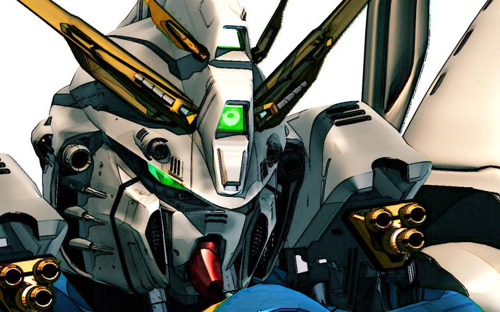 Close-up cel-shaded RX-93 Nu Gundam wallpaper with white gold armor and glowing green eyes