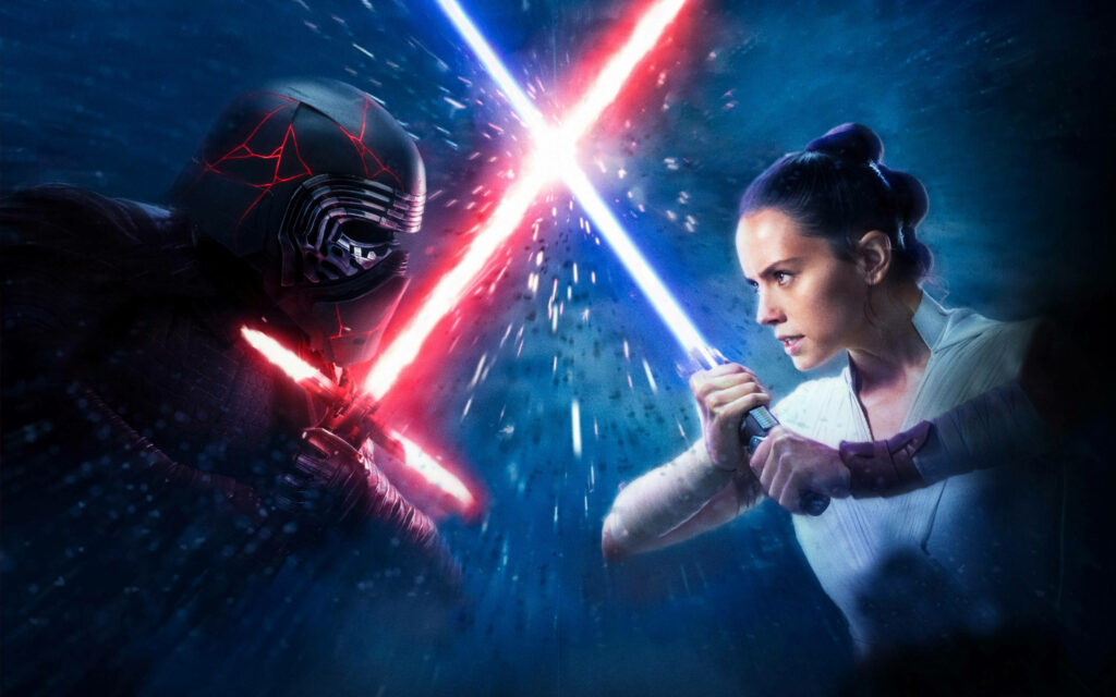 Intense Rey vs. Kylo Ren Duel Wallpaper – Vibrant Star Wars Scene