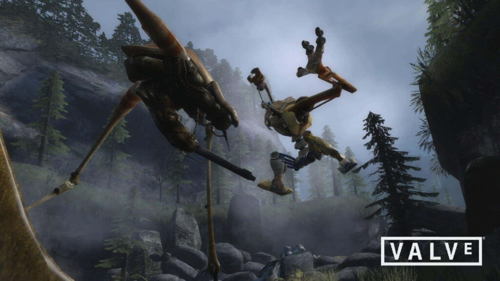 Epic Robot Confrontation Wallpaper - VALVE Game Scene in Forest