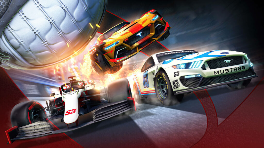 Rocket League Mayhem: 2K Wallpaper of Three Cars on the Brink of Crash