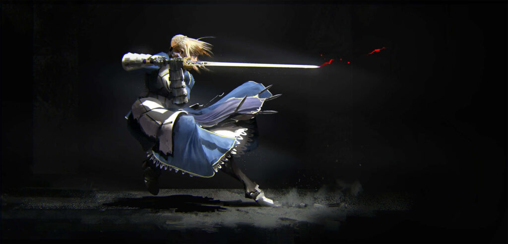 Dramatic Saber Wallpaper: Intense Pose with Bloodied Sword