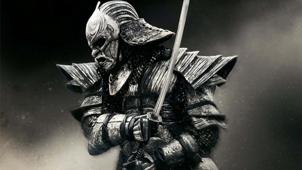 Intense Samurai Battle Stance - Black and White Wallpaper