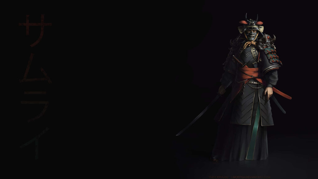 Intense Samurai Silhouette Wallpaper: Armor, Katana & Japanese Characters
