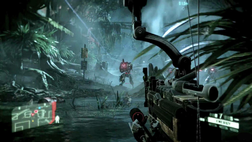 Crysis 3 HD Wallpaper: Protagonist with High-Tech Bow in Futuristic Jungle, Stealth Combat Atmosphere