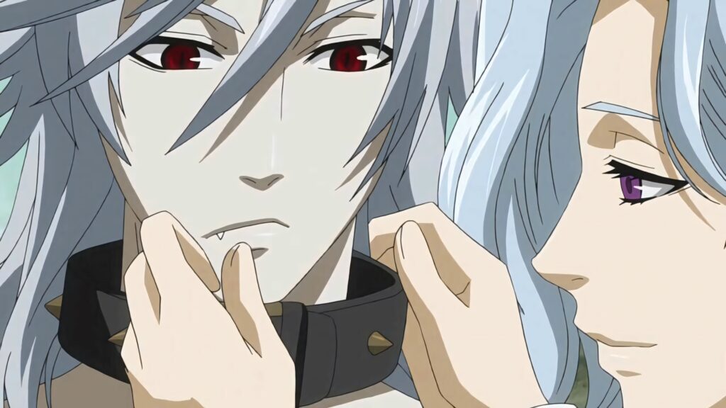 Anime wallpaper silver hair characters intense gaze dramatic collar adjustment background