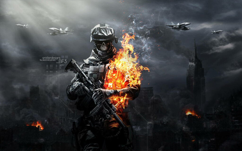 Intense Soldier Wallpaper: Fiery Battlefield Scene Inspired by Battlefield 3