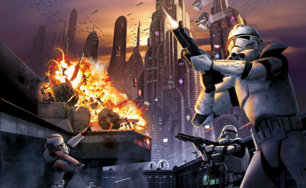 Intense Star Wars Stormtrooper Battle Wallpaper with Fiery Explosions