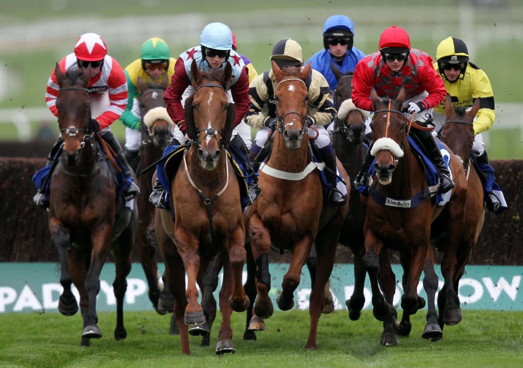 Thoroughbreds and jockeys racing fiercely in colorful silks during a thrilling steeplechase race Wallpaper