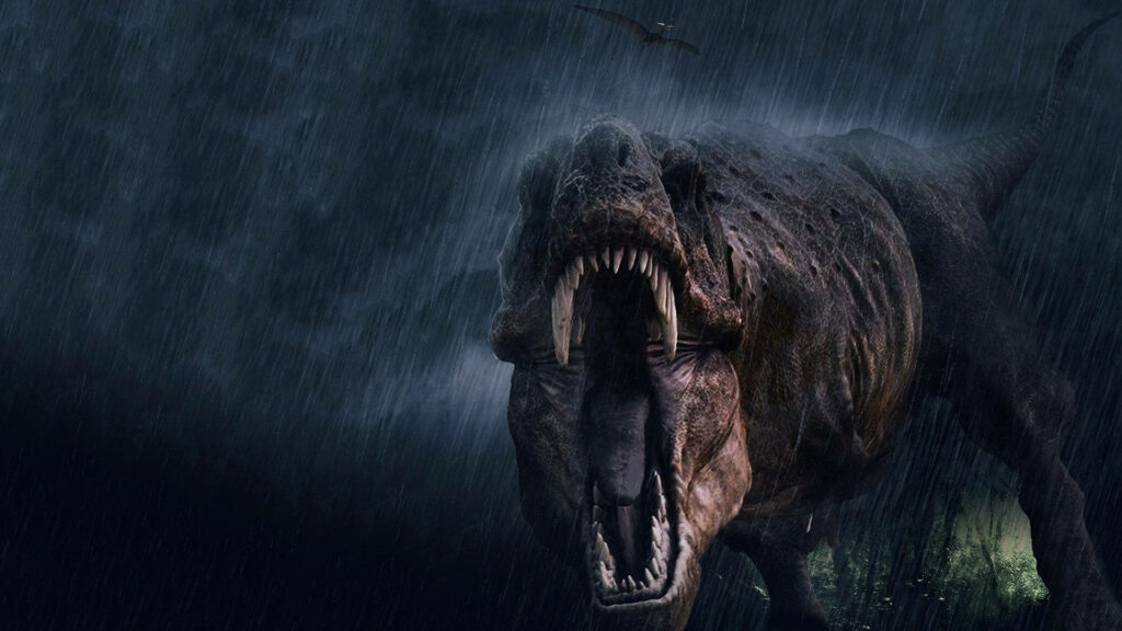Intense T-Rex Roaring in Stormy Wallpaper Background - Jurassic Park