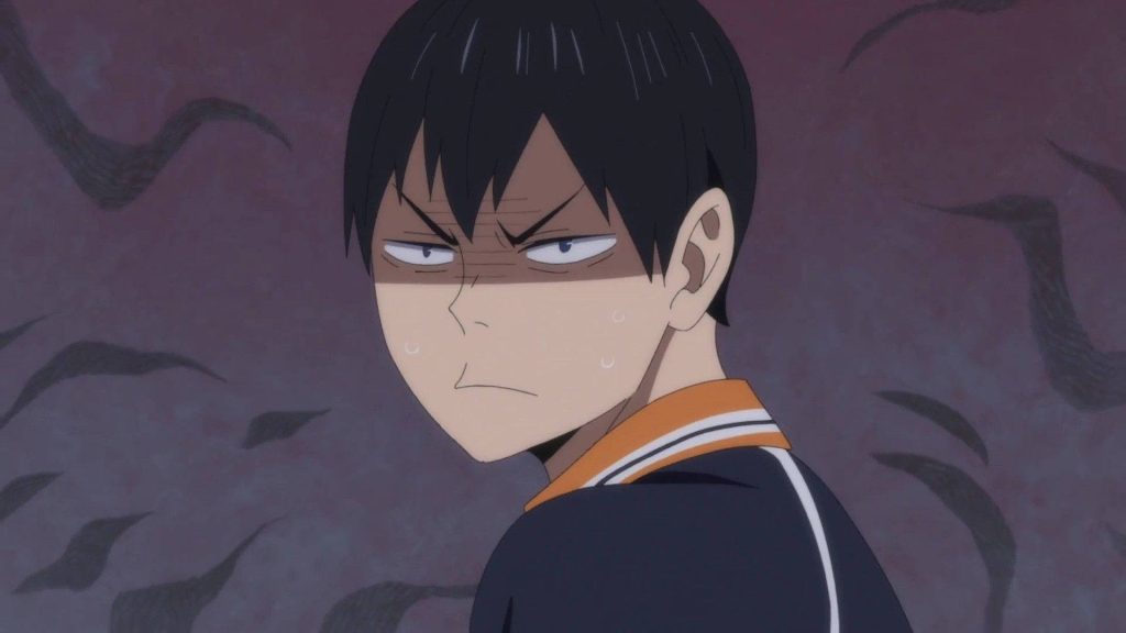 Tobio Kageyama Haikyu anime wallpaper with intense scowl and moody shadowed background