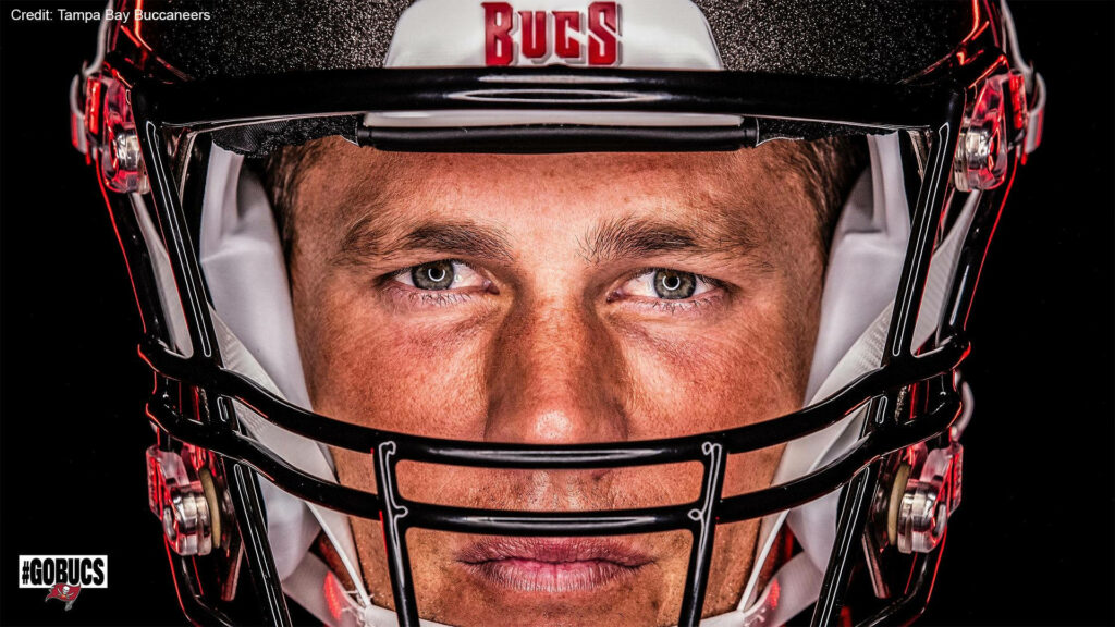 Intense Tom Brady Helmet Close-Up Wallpaper - Detailed Background