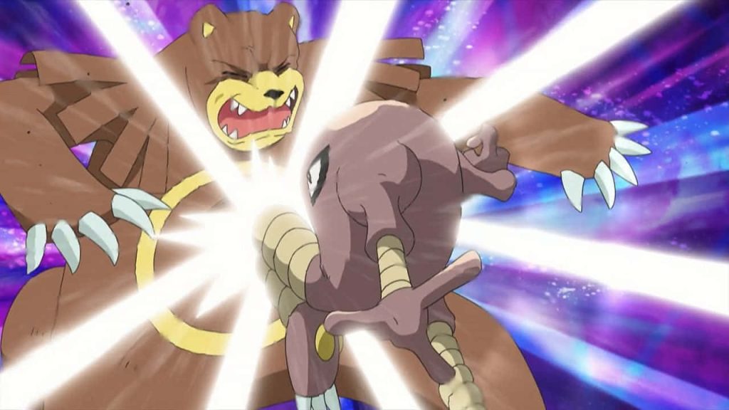 Ursaring and Hitmonlee intense Pokémon battle with energy effects on vibrant purple background wallpaper