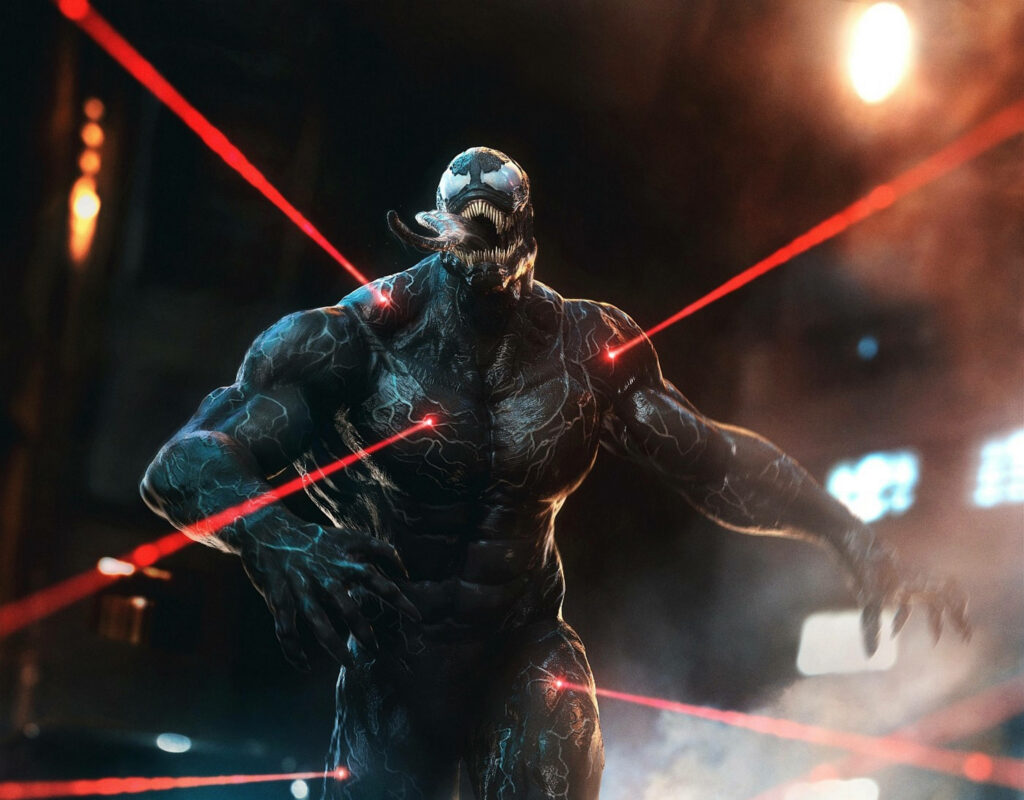 Dynamic Venom Wallpaper: Tactical Lasers in a Dark Intense Background