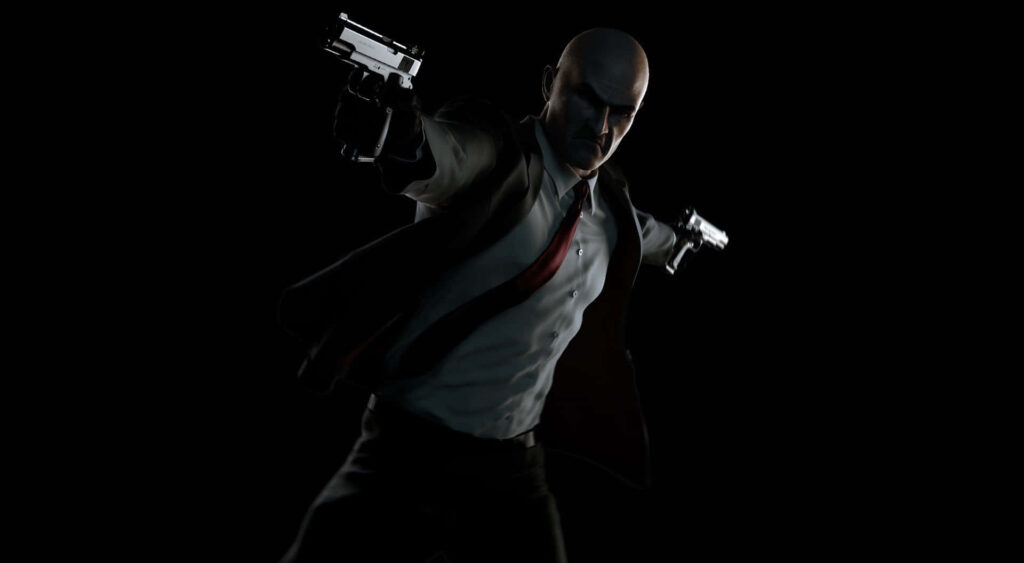 Intense Desktop Wallpaper: Suited Bald Man Aiming Pistols