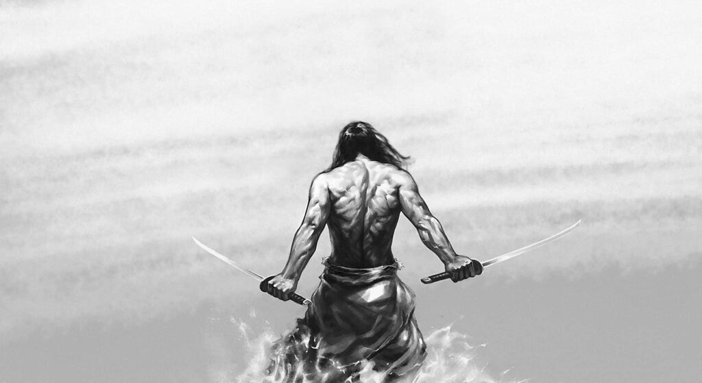 Intense Warrior Moment: Two Swords, Stark Battle Background Wallpaper