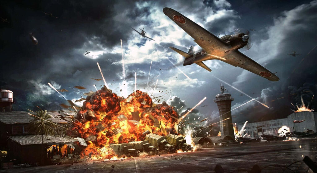 Dramatic wartime wallpaper with Japanese fighter plane over fiery explosion and stormy sky