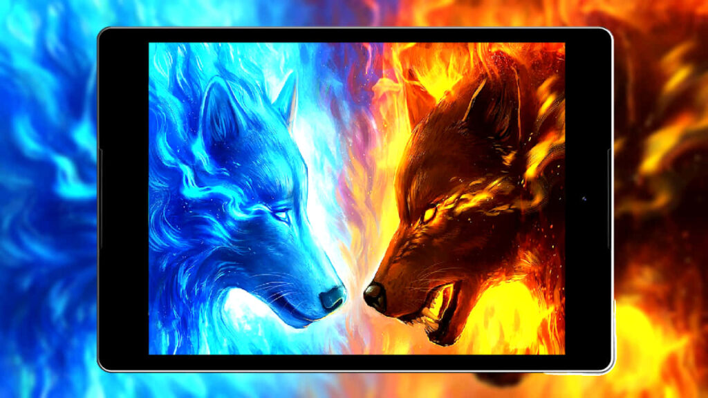 Dual Elemental Wolves: Striking Blue and Orange Flames Wallpaper
