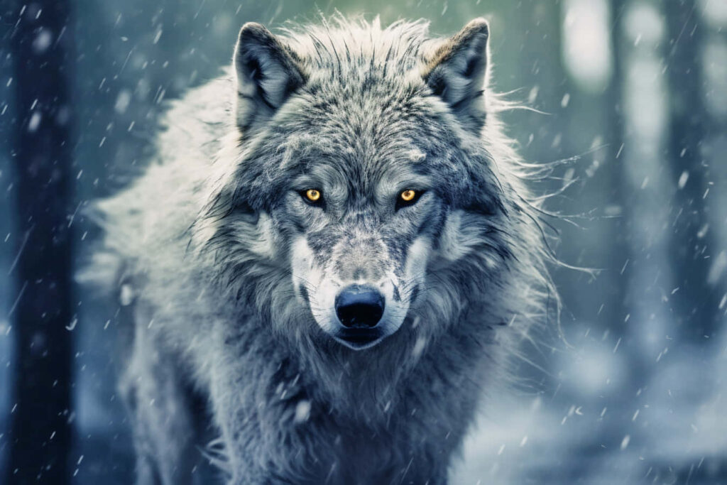 Intense Wolf with Piercing Eyes in Serene Snowfall Background Wallpaper