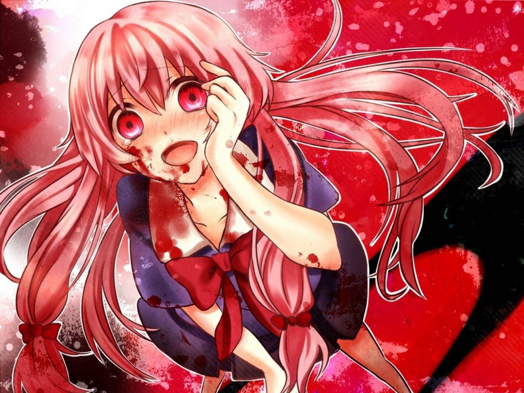 Yuno Gasai intense Yandere anime wallpaper pink twin-tails blood-splattered school uniform red background