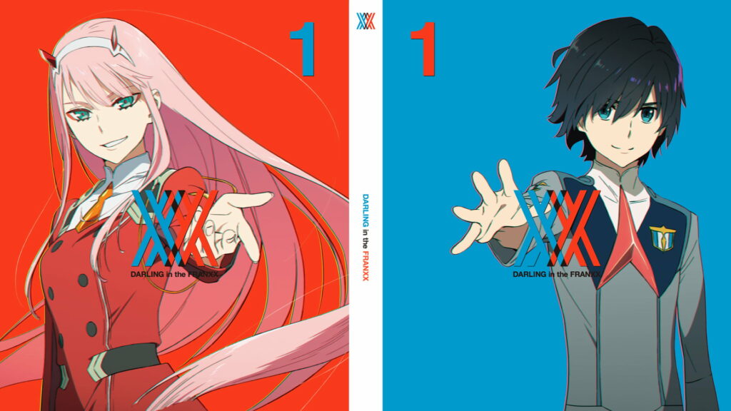 Anime Love: Zero Two's Seductive Pink Locks Meet Hiro's Mysterious Blue Aura in a Mesmerizing Dual Background Wallpaper