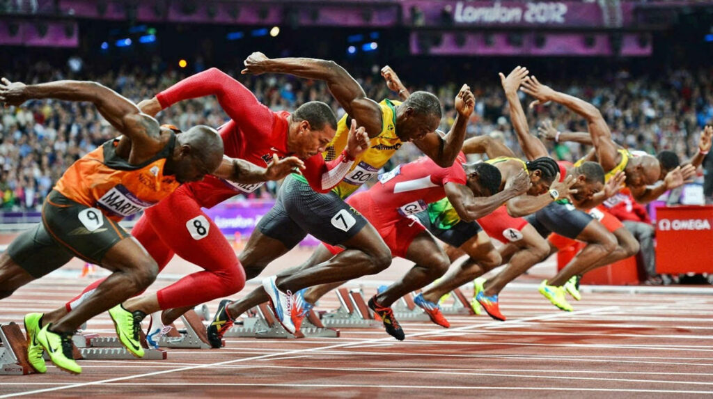 Dynamic Olympic Men's Running Wallpaper: Strength & Competition