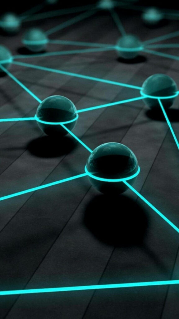 Interconnected Blue Spheres with Glowing Lines: Captivating 3D iPhone Background Wallpaper