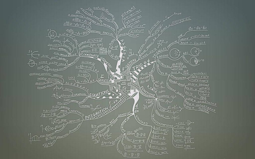 Interconnected algebra geometry calculus and trigonometry equations on dark chalkboard wallpaper background